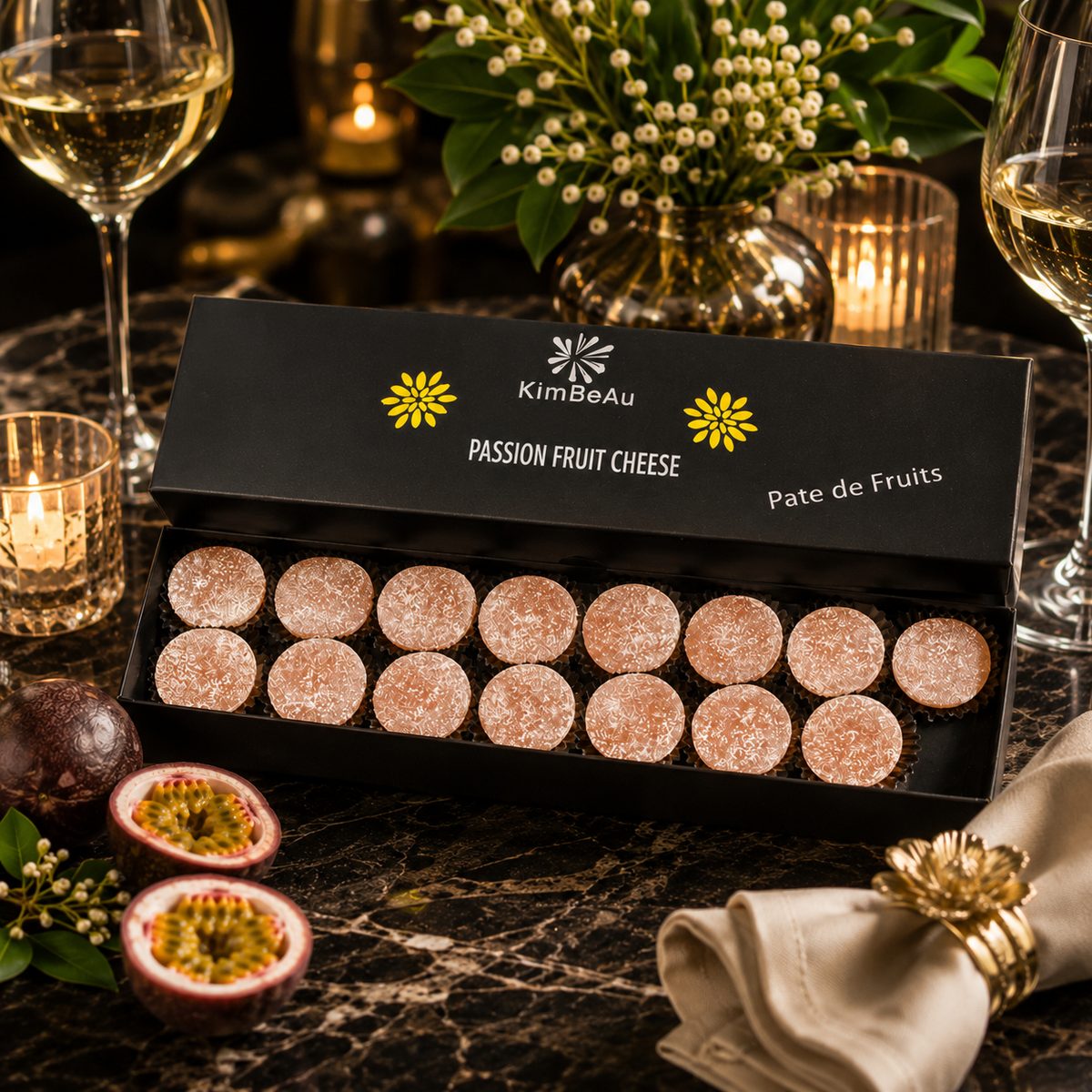 Luxury passion fruit pâte de fruits gift box display an  royal treat