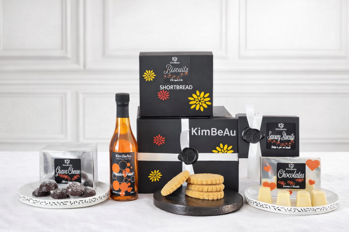 KimBeAu Bon Bon Sweet Hamper luxury gift box with premium Caribbean sweets including chocolates, biscuits and guava treats elegantly presented