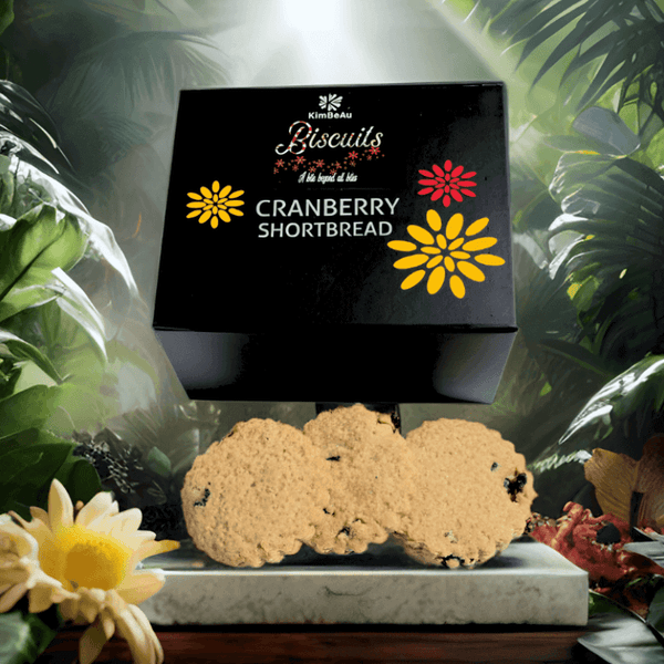 KimBeAu cranberry shortbread biscuits with buttery texture and pieces of cranberries.