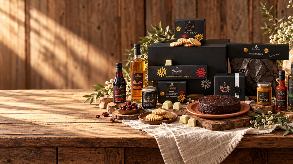 KimBeAu luxury food and gift collection featuring fruit cake, shortbread, chocolates, preserves, sauces and premium gift boxes.
