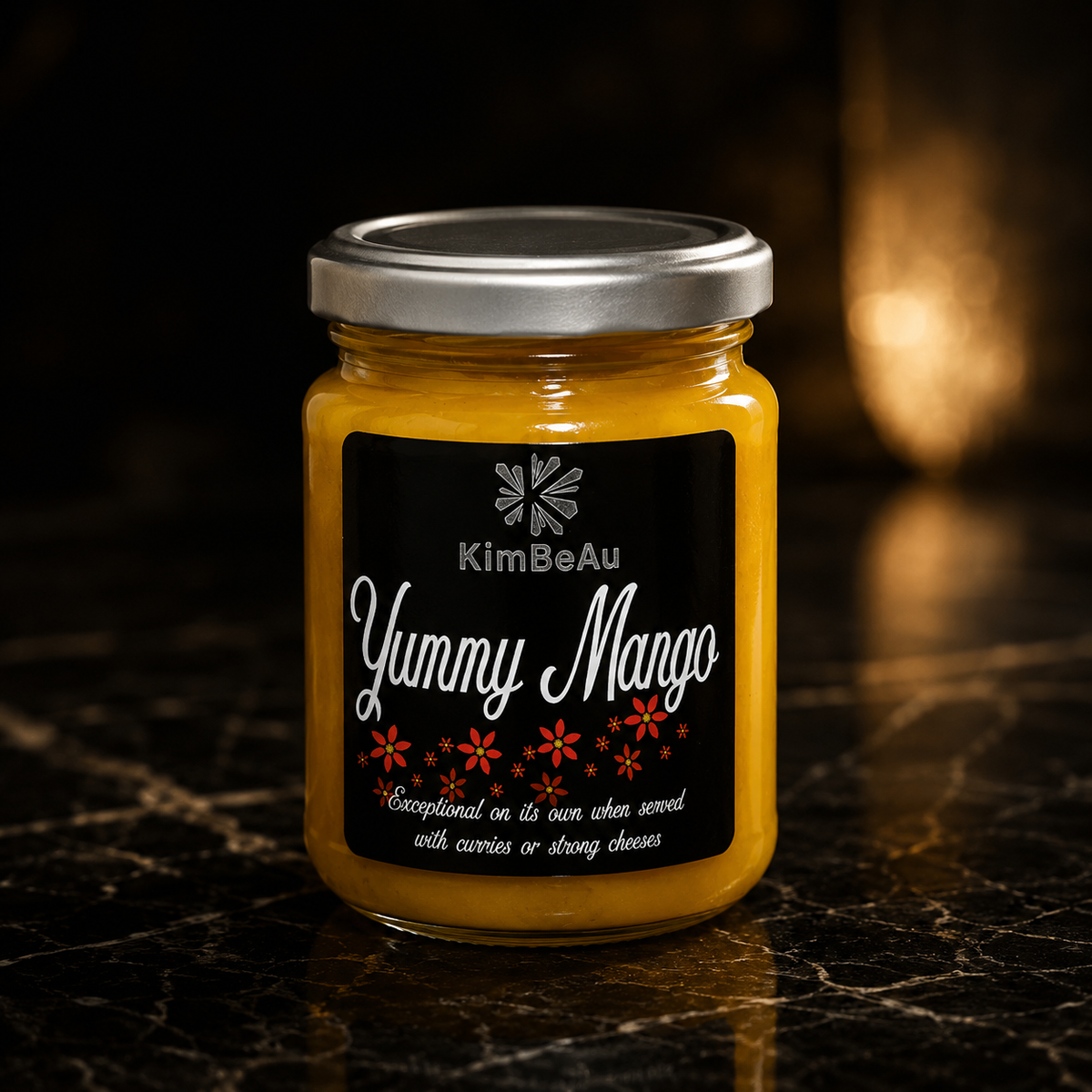 Buy Online KimBeAu Yummy Mango delivers rich tropical flavour in an elegant premium glass jar.