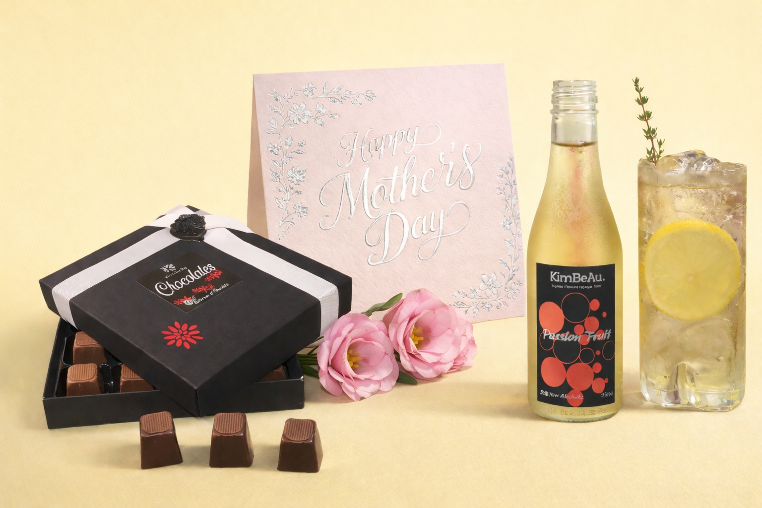 Luxury KimBeAu Mother’s Day chocolates gift box with passion fruit drink, Show her what she means to you, shop now.
