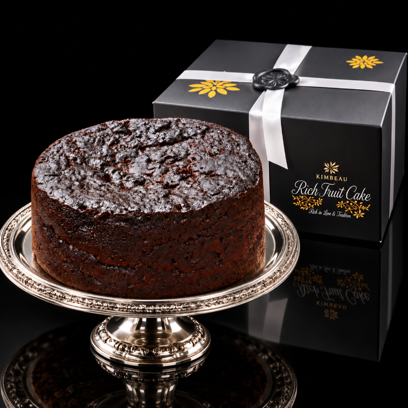 Luxury KimBeAu rich fruit cake displayed as a premium food gift