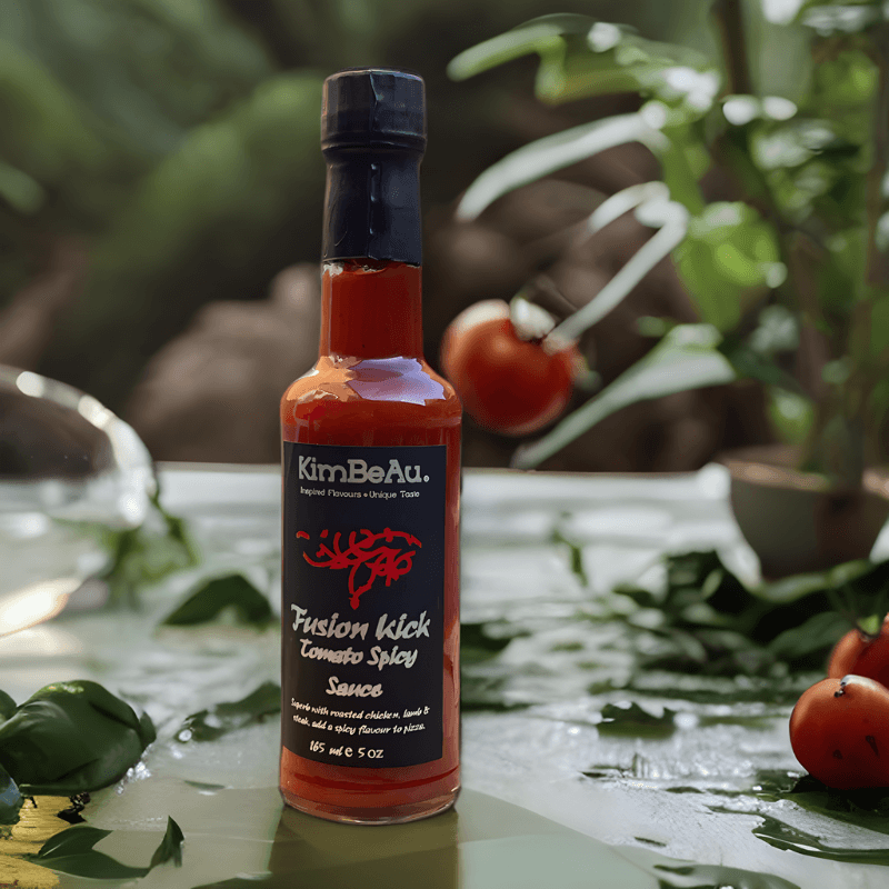 “Buy online, Kick up your meals with the bold and unique Fusion Kick Spicy tomato sauce" Purchase online KimBeAu