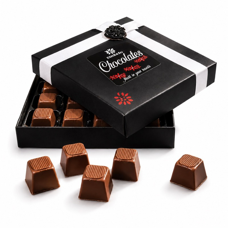 An open black gift box of chocolates with a white ribbon and black lid, with several chocolate truffles placed in front on a white background. The lid label reads 'Chocolates' with a small floral logo.