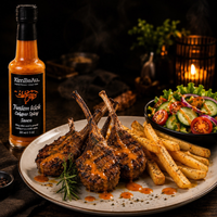 Premium KimBeAu Calypso Spicy Sauce paired with grilled lamb chops and golden chips.
