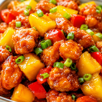 Buy Online Sweet and sour chicken with chunky yellow mango pieces, red peppers and green peppers.