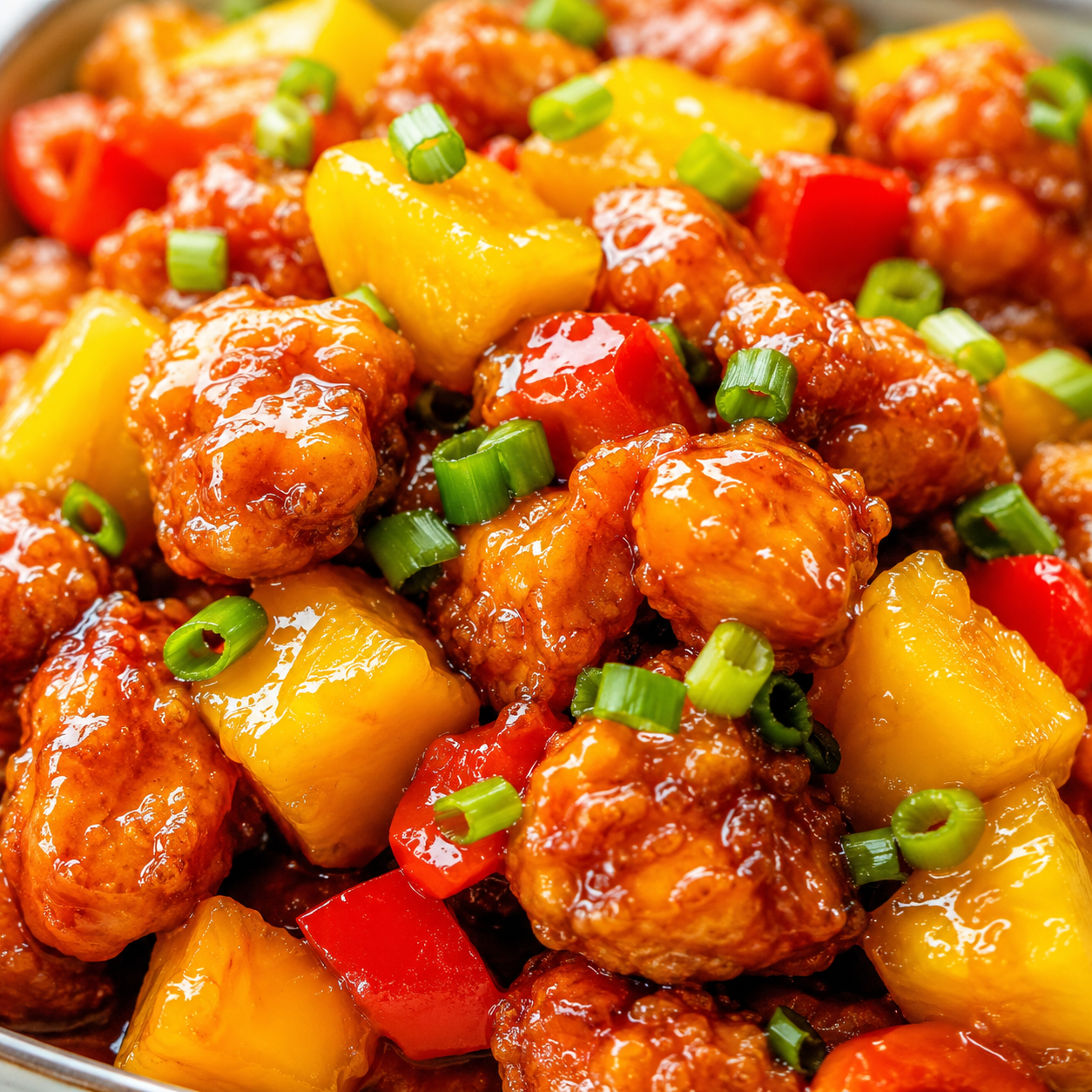 Buy Online Sweet and sour chicken with chunky yellow mango pieces, red peppers and green peppers.