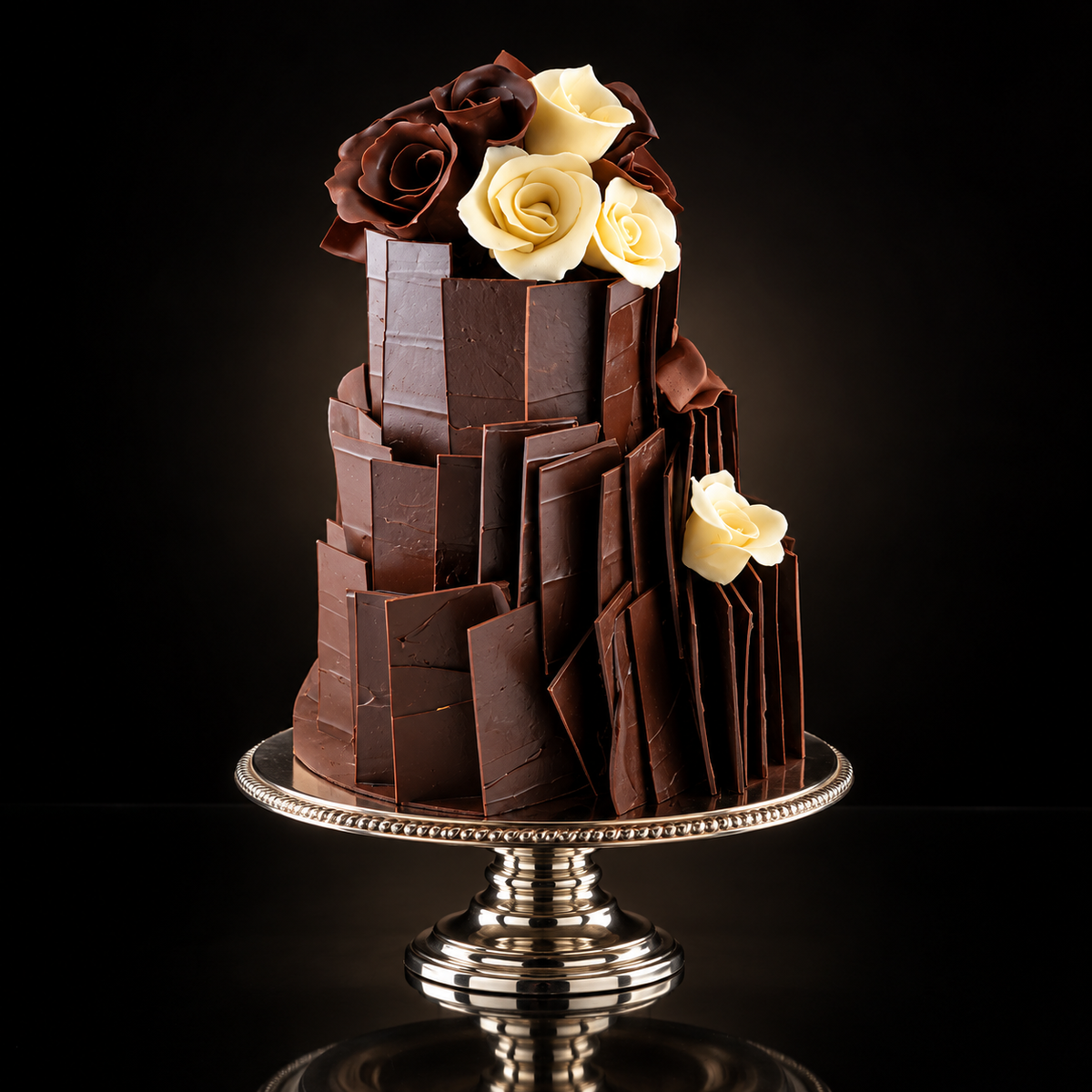 KimBeAu Chocolate Slab Three Tier Cake photographed against a black background with elegant reflection.