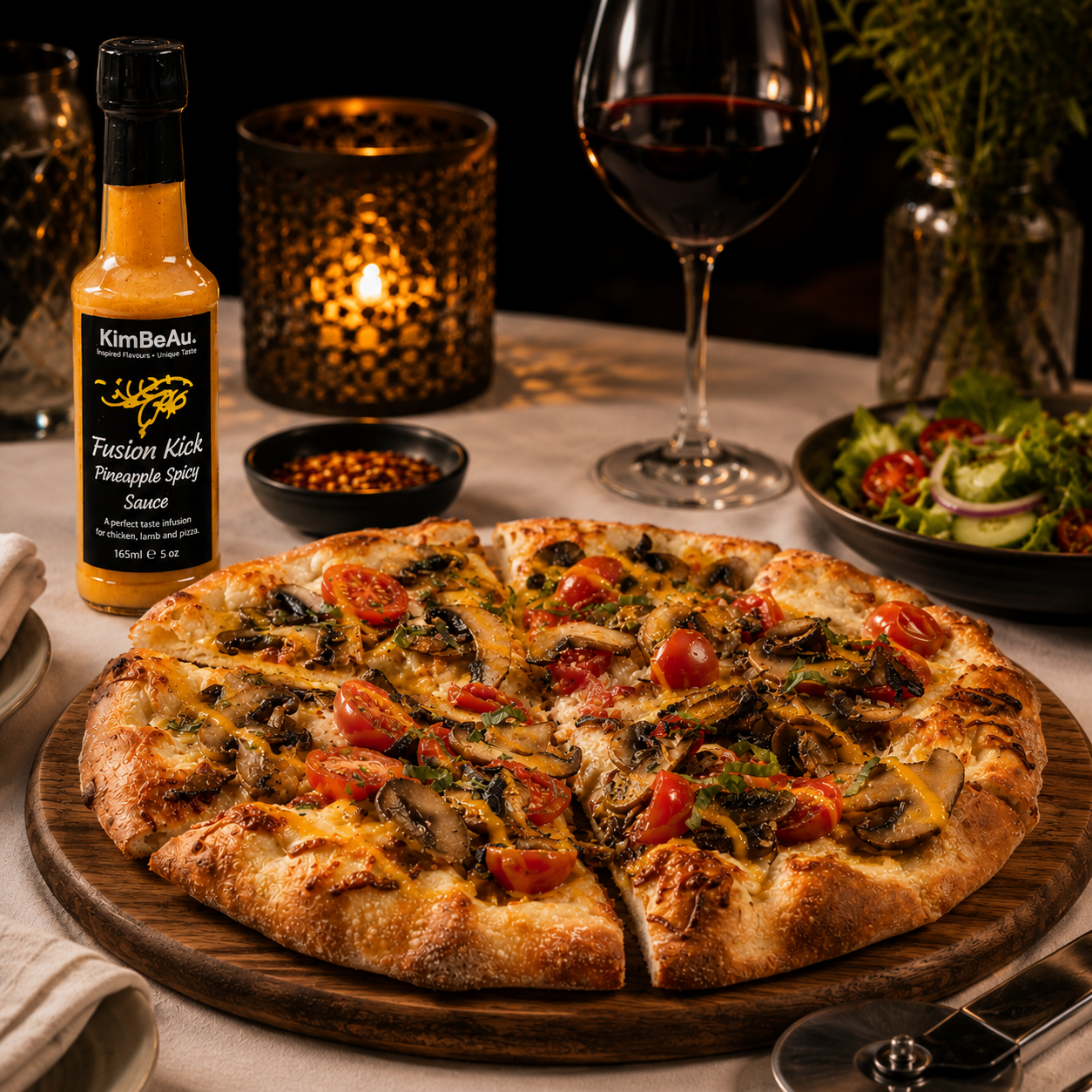 A sliced pizza on a wooden board on a restaurant table, with a bottle of KimBeAu Fusion Kick Pineapple Spicy Sauce, a glass of red wine, a candle, and a salad in the background.