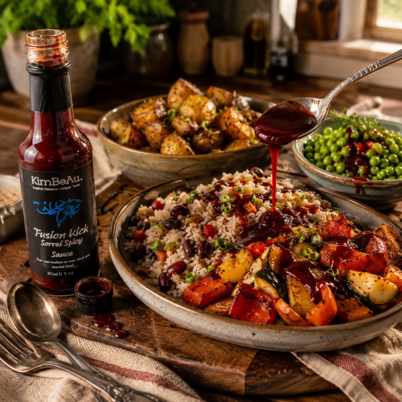 Rustic dinner setting featuring KimBeAu Sorrel Spicy Sauce with rice and colourful roasted vegetables.