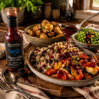 Rustic dinner setting featuring KimBeAu Sorrel Spicy Sauce with rice and colourful roasted vegetables.