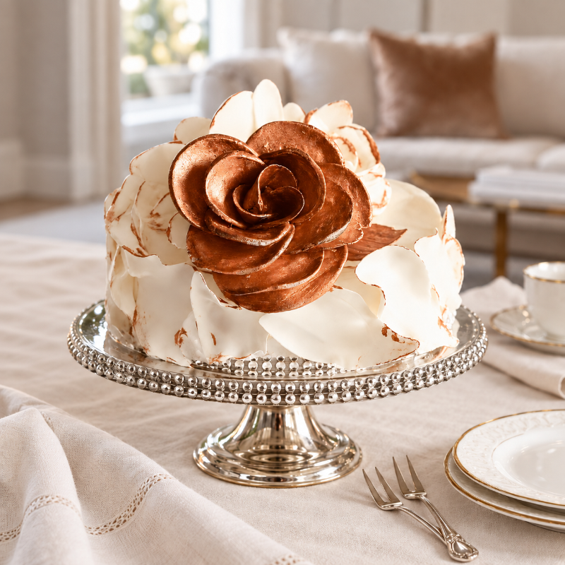 KimBeAu Hand Painted Small Celebration Cake with elegant bronze floral detailing on a silver cake stand.