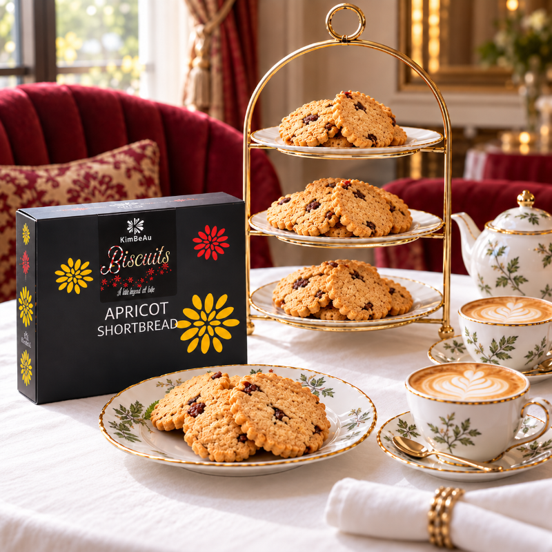 A boxed box of KimBeAu Biscuits Apricot Shortbread sits on a white tablecloth beside a gold three-tier biscuit stand, plates ofApricot Biscuits, and matching floral teacups in a luxurious tea-time setting.