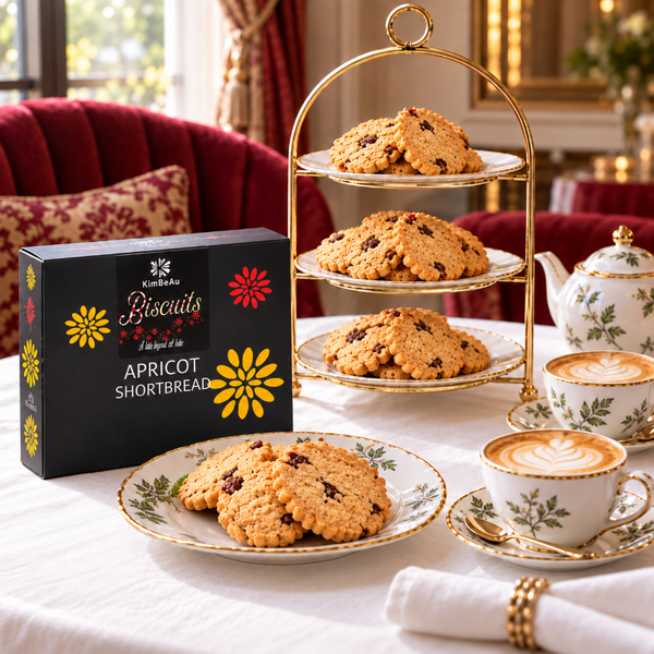 A boxed box of KimBeAu Biscuits Apricot Shortbread sits on a white tablecloth beside a gold three-tier biscuit stand, plates ofApricot Biscuits, and matching floral teacups in a luxurious tea-time setting.