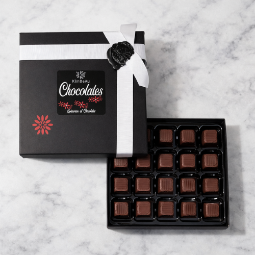 Buy Online KimBeAu luxury chocolate gift box with ribbon and open tray of handcrafted chocolates