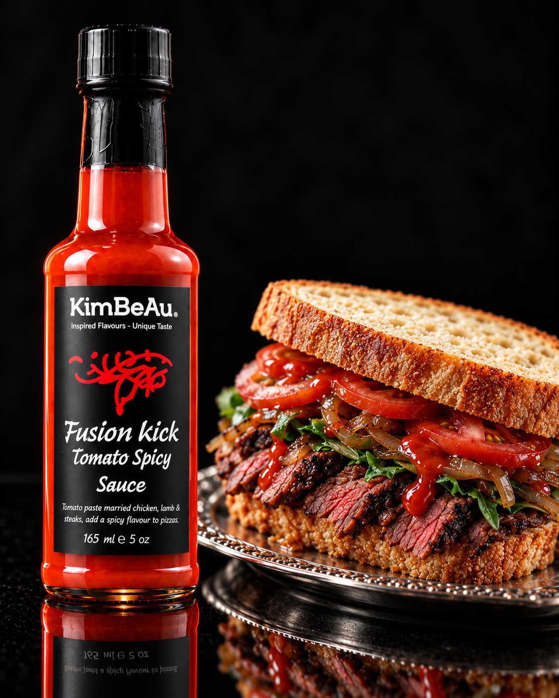 Gourmet KimBeAu spicy food gift set with premium sauces, savoury biscuits and luxury presentation box.