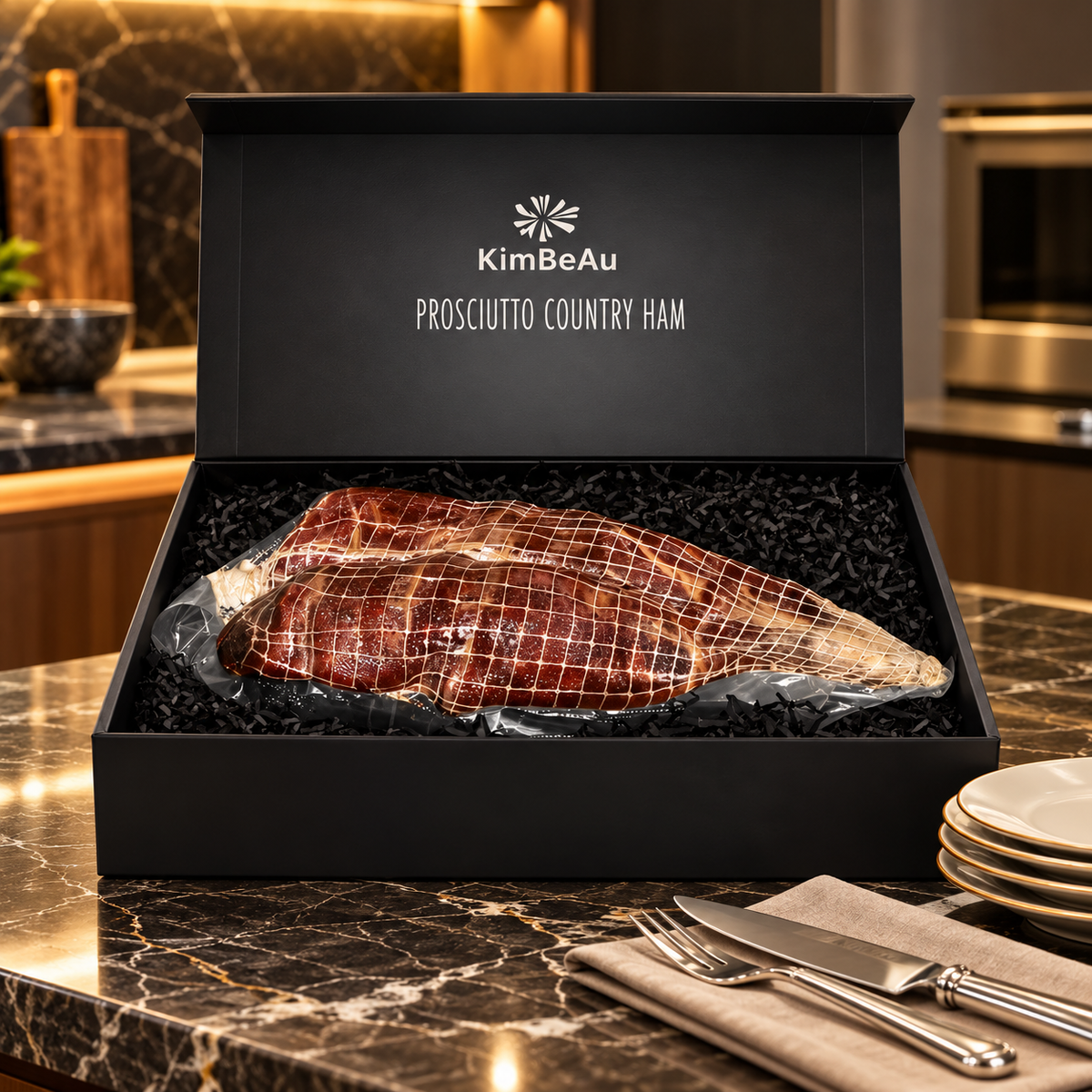 KimBeAu black box country lamb ham displayed in a refined luxury setting