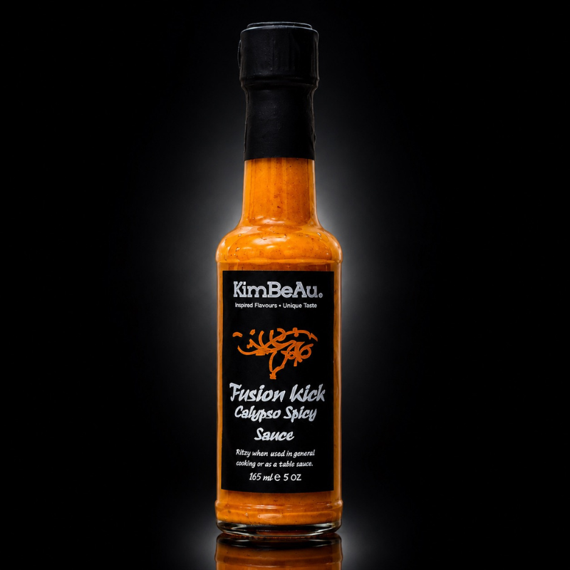 Premium KimBeAu Fusion Kick Calypso Spicy Sauce bottle displayed against a dark background.
