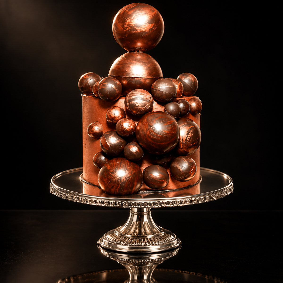 KimBeAu Chocolate Bronze Cake showcased with reflective silver presentation and studio lighting.