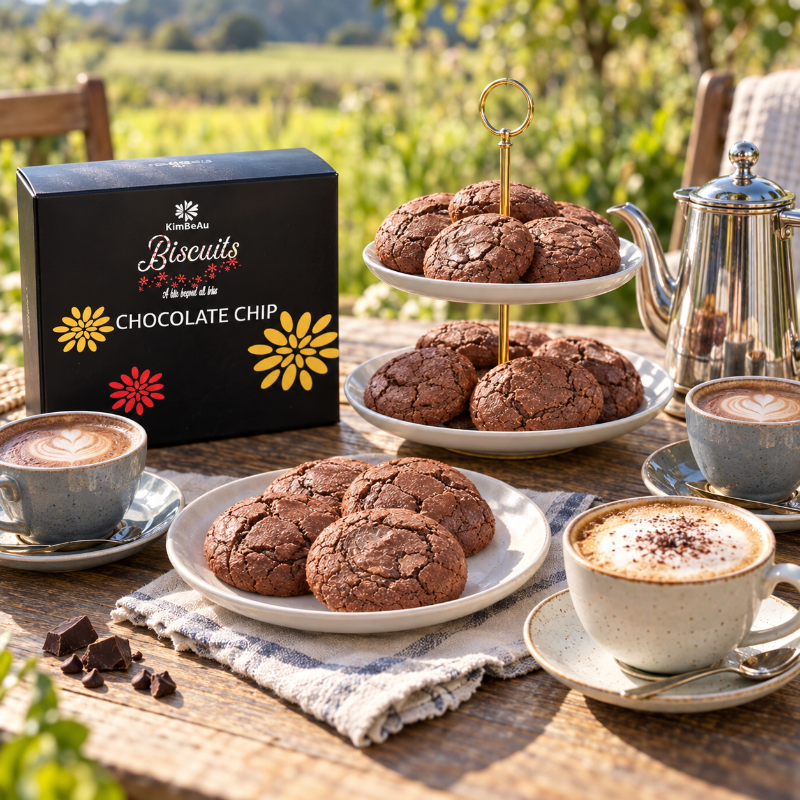 KimBeAu Chocolate Chip Biscuits served in an elegant outdoor afternoon tea setting.