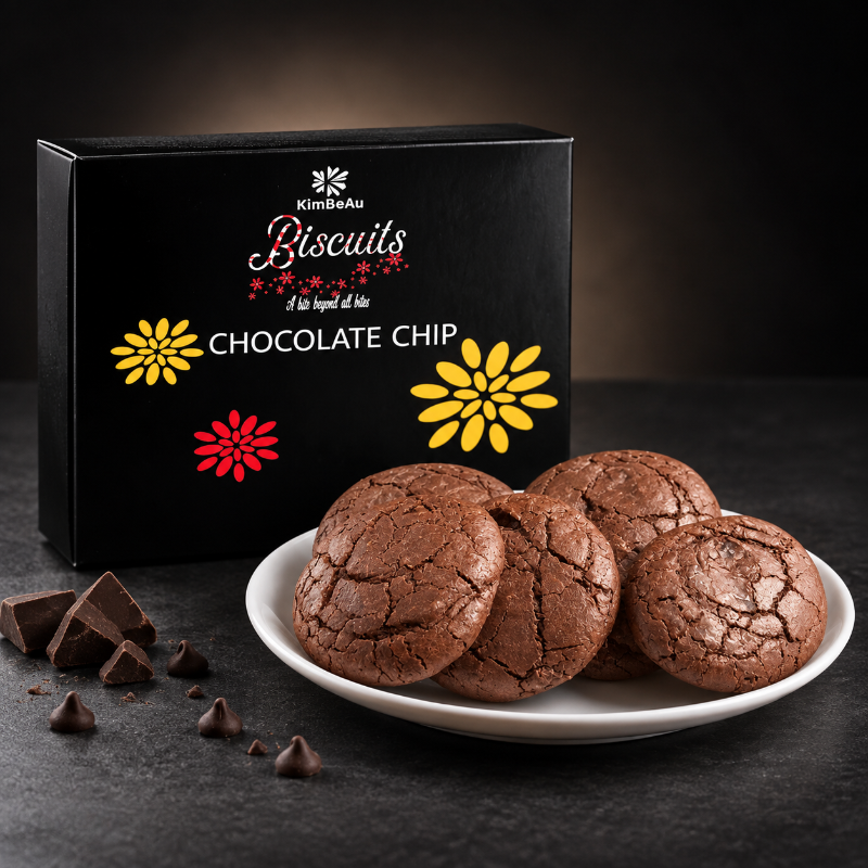 KimBeAu Chocolate Chip Biscuits presented with branded black packaging in a premium food photography scene.