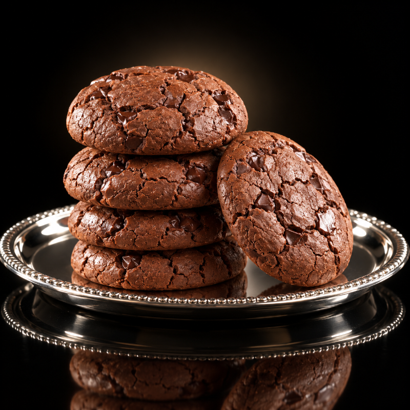 KimBeAu Chocolate Chip Biscuits stacked on a silver serving tray with one biscuit leaning against the stack.