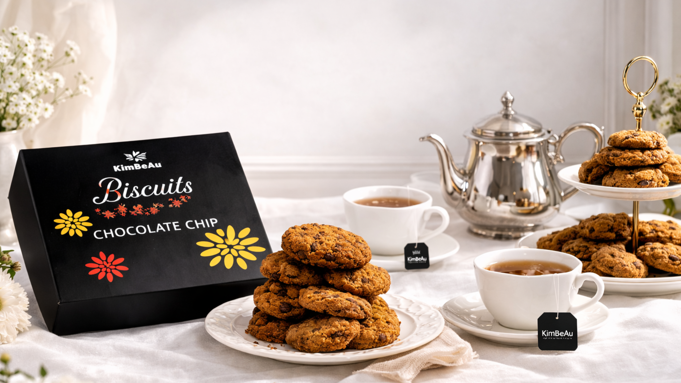 KimBeAu chocolate chip cookies stacked on white saucer with elegant tablecloth