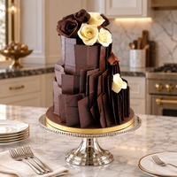 KimBeAu Chocolate Slab Three Tier Cake displayed on an elegant silver stand in a luxury kitchen setting.
