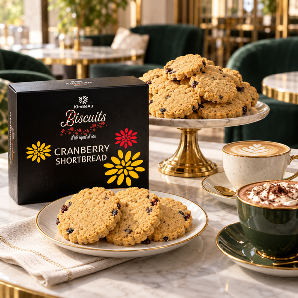 KimBeAu Cranberry Shortbread Biscuits shown in a styled cafe setting, with a black branded box, a plate of cookies, a cookie stand filled with cookies, and two cups of coffee on a marble table.