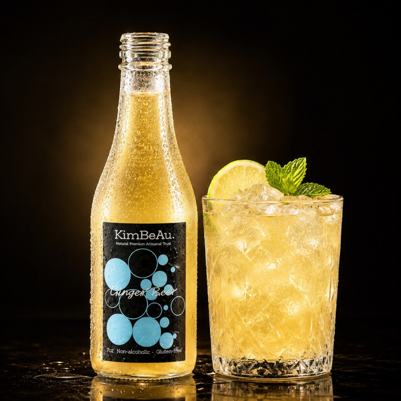 A bottle of KimBeAu Ginger Beer next to a glass of the golden beverage filled with ice, garnished with a lime slice and mint leaf, on a dark reflective surface against a black background.