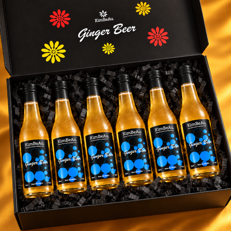 Luxury KimBeAu Ginger Beer gift set featuring six non-alcoholic bottles in a premium black presentation box.