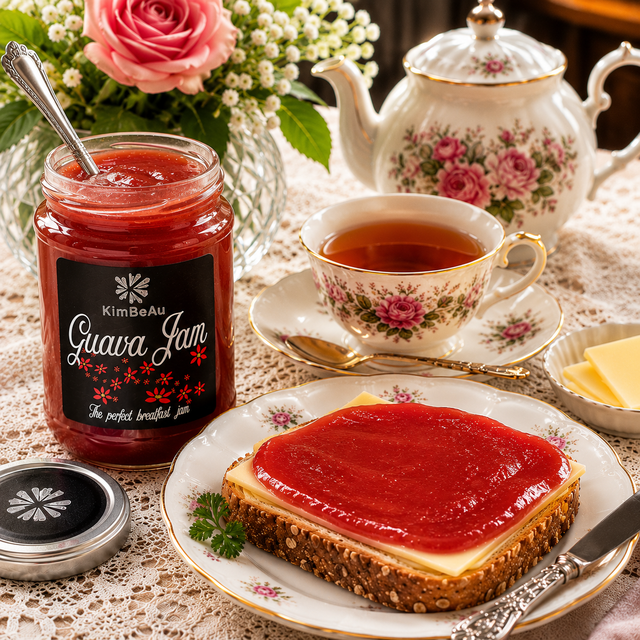 Elegant breakfast presentation showcasing KimBeAu Guava Jam with a smooth glossy layer spread over sliced cheese on toasted artisan bread, served with an open jam jar, silver knife, fine bone china teacup and teapot in a luxurious morning table setting.
