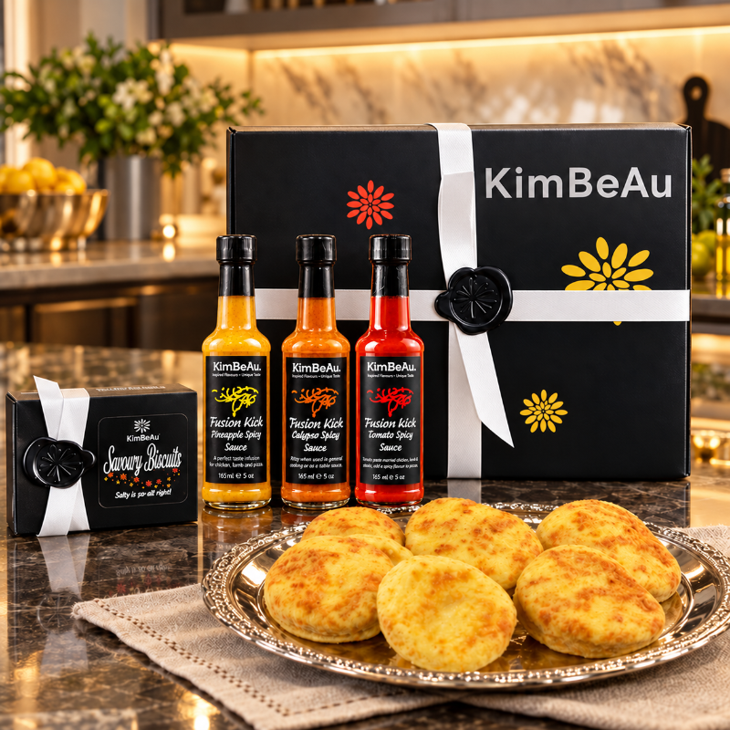 Luxury KimBeAu Hot and Spicy Gift Box featuring three Caribbean-inspired spicy sauces and savoury biscuits.