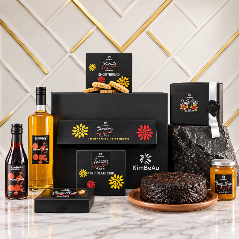 KimBeAu Lambeau Gift Hamper displayed on a white marble surface with luxury black gift packaging.