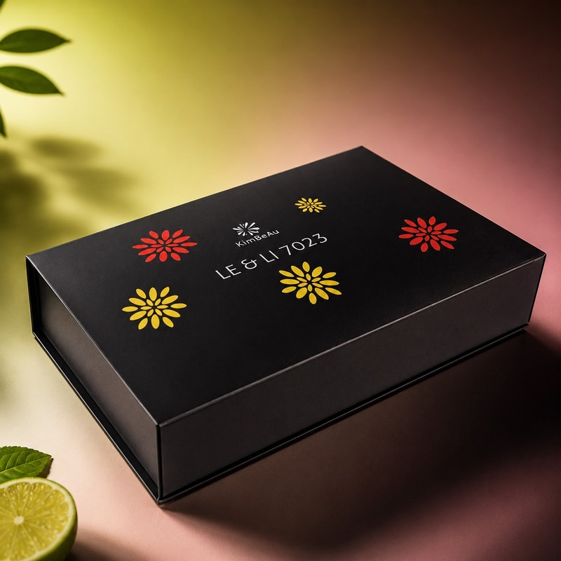 KimBeAu Lemon & Lime black gift box LE & LI 7923 gift box with premium floral design on a lemon, lime and pink background