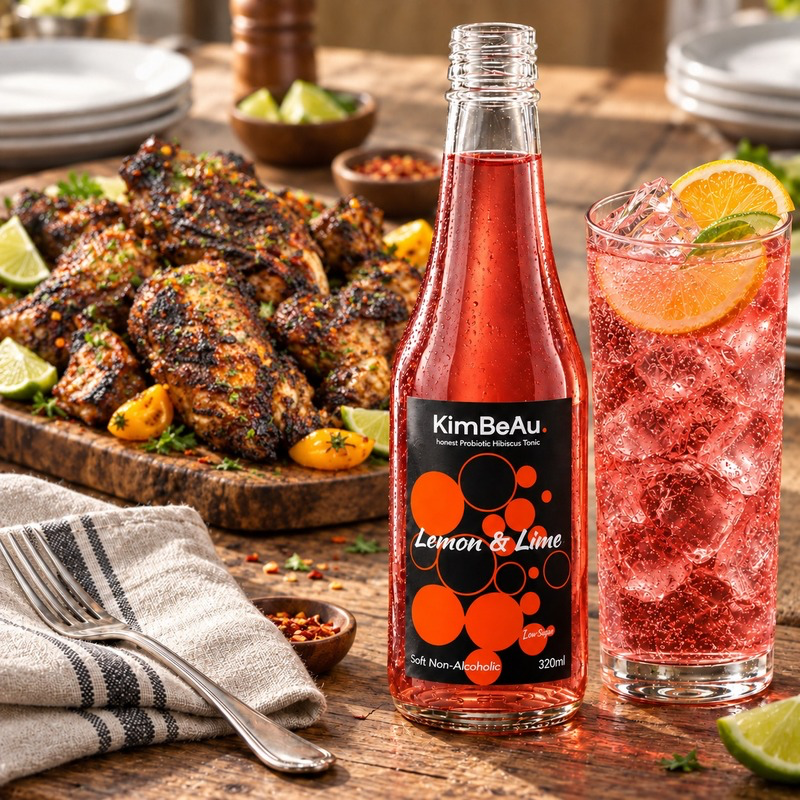 A bottle of KimBeAu Lemon & Lime sparkling drink stands next to a tall glass filled with a pink bubbly beverage and garnished with an orange slice, set on a rustic wooden table with grilled chicken, lime wedges, and small bowls in the background.