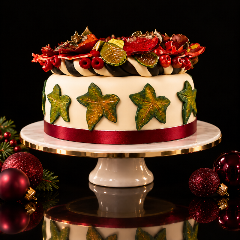 Premium KimBeAu holly wreath cake displayed in a festive Christmas setting