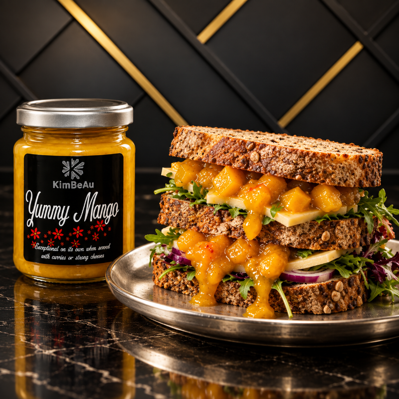 KimBeAu Yummy Mango condiment jar displayed with gourmet sandwich on an elegant silver plate.