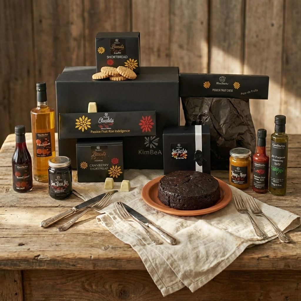 Gourmet gift hamper featuring chocolates, biscuits, guava cheese, and artisan drinks.