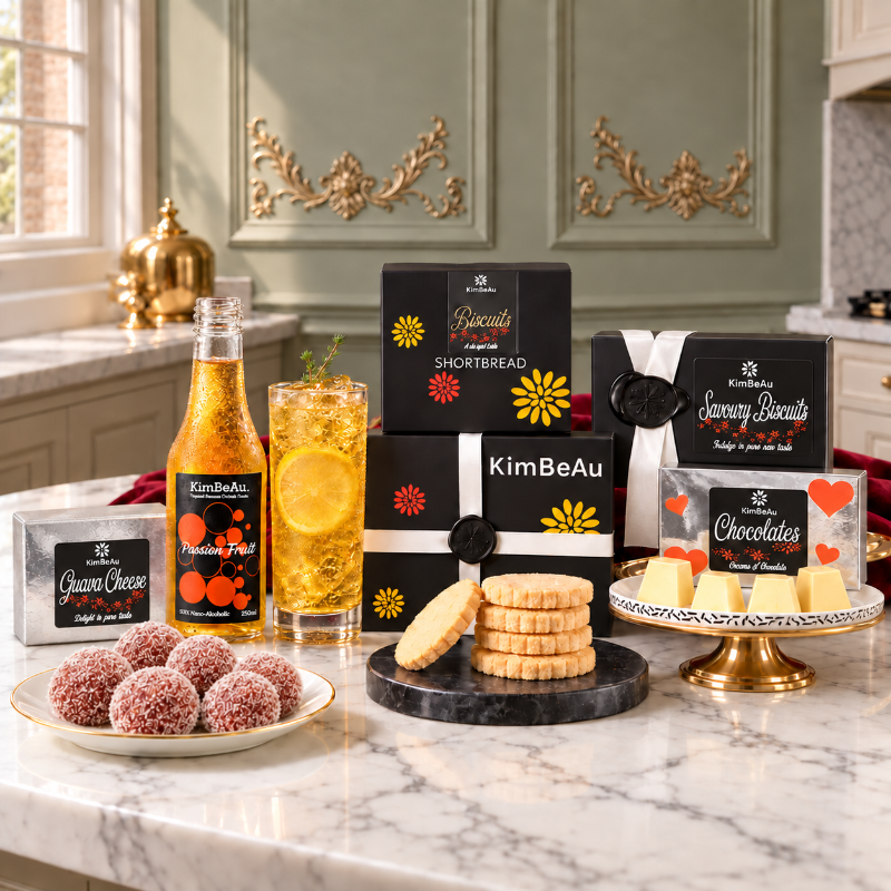 A styled kitchen countertop display featuring KimBeAu baked goods and a beverage. Visible items include boxes of shortbread, savoury biscuits, guava cheese, and chocolates, a bottle of passion fruit-flavoured non alcholic  drink, a glass of passion fruit drink with a lemon slice, shortbread biscuit on a marble board, and a plate of sugar-coated guava balls.