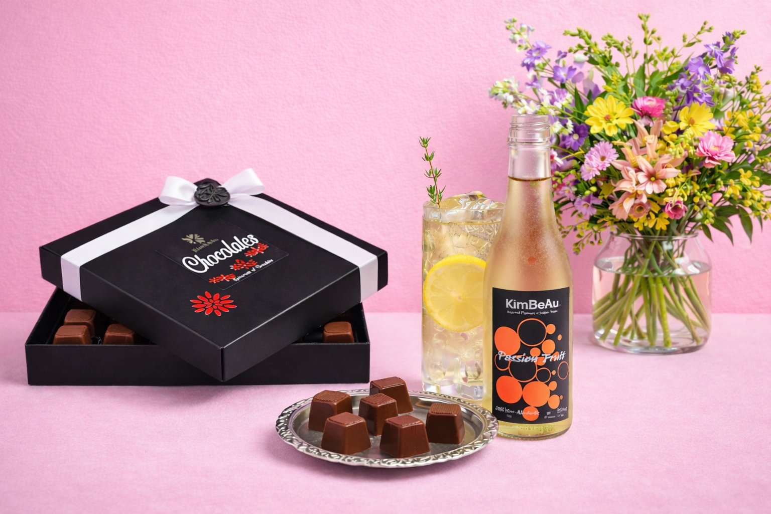 Premium KimBeAu chocolates with passion fruit Non Alcoholic Drinks presented as a Mother’s Day gift