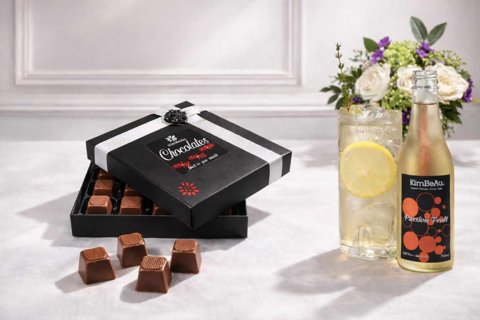 KimBeAu Mother’s Day chocolate gift box and passion fruit drink luxury food gift UK