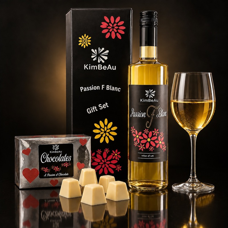 Buy Online KimBeAu Passion Fruit Blanc Wine and chocolate gift, set with bottle, wine glass and chocolates