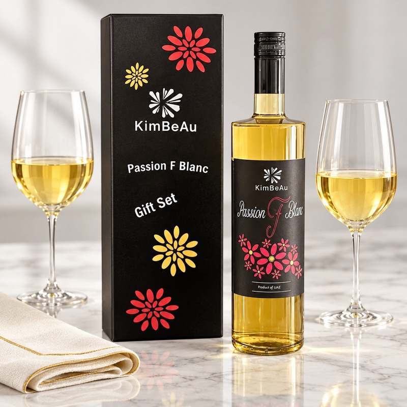 KimBeAu Passion F Blanc wine gift set featuring a bottle of white wine, a black gift box with colorful floral graphics, and two glasses of the wine on a marble surface.