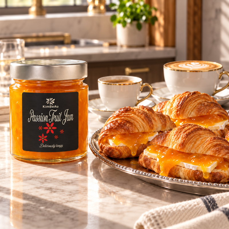 KimBeAu Passion Fruit Jam styled for luxury breakfast, gifting and food presentation.