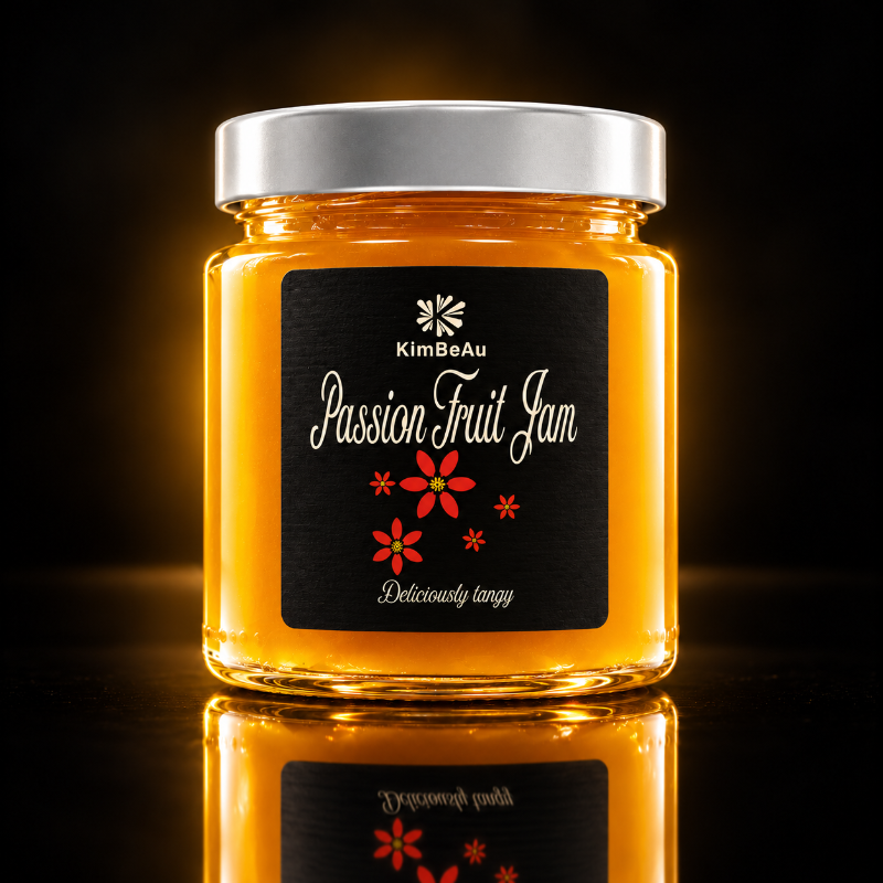 KimBeAu Passion Fruit Jam jar photographed in a luxury black background setting.