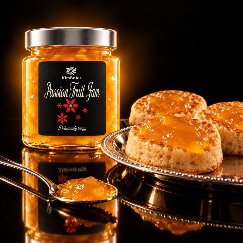 KimBeAu seedless Passion Fruit Jam spread over toasted crumpets on a silver serving plate.