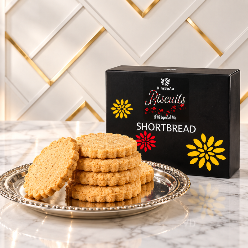 Traditional KimBeAu Shortbread Biscuits presented with luxury gift packaging.