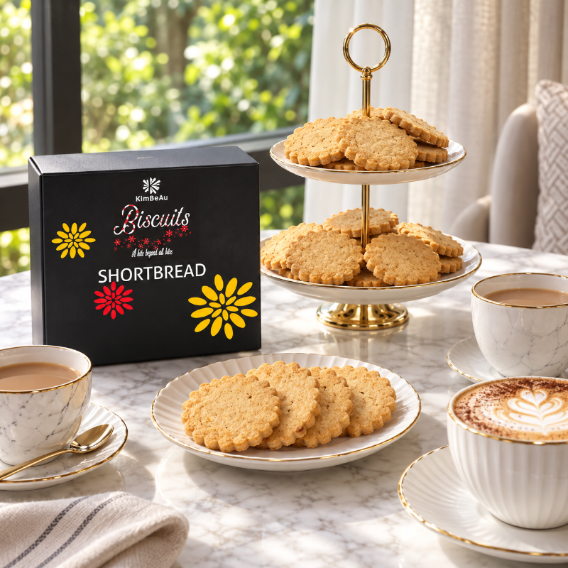 Classic KimBeAu Shortbread Biscuits styled for premium gifting, sharing and afternoon coffee.